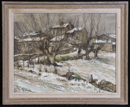 约1950年的法国画作《雪中的小村庄》，水粉水彩画，左下角有签名，38 x 50 厘米