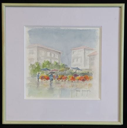 安德烈·阿索兰（XX°）《雨中的花市》 水彩画，右下角有签名，19.5 x 20.5 厘米
