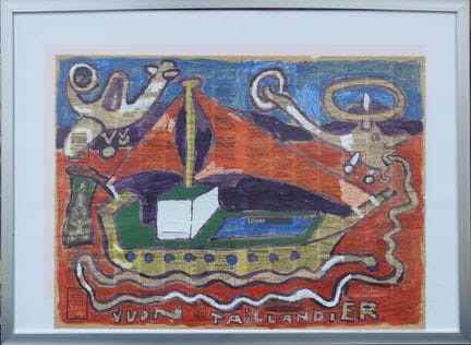 伊冯·泰兰迪耶（1926）《船与直升机》 水粉画，绘于报纸上，画面底部中央签名，42 × 57 厘米