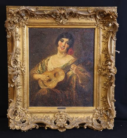 弗朗索瓦·莫里（1861-1933）《弹吉他的西班牙女子》 木板油画，右上角有签名，有瑕疵，46 x
