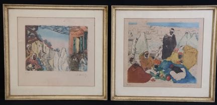 莱昂·科维（1874-1933）《北非集市场景》 两幅彩色版画。右下角有副署，左下角标有编号17和1