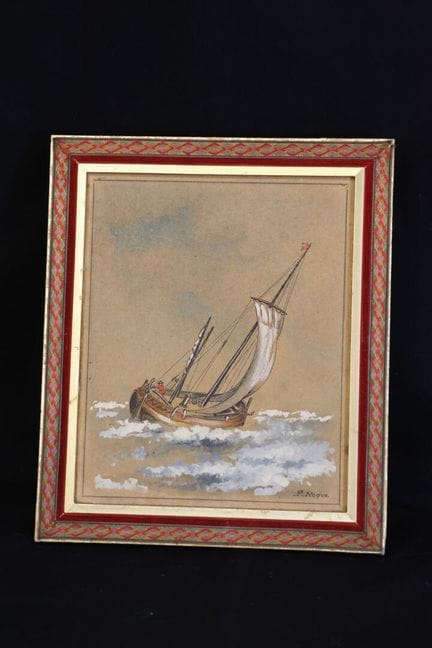 P. ROQUE（20世纪）《被巨浪颠簸的小船》 纸盒盖上的水粉画，右下角签名，27 x 22 厘米