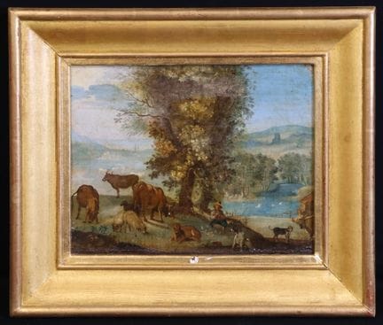 19世纪末至20世纪初法国画派作品《牧羊人的休憩》 油画（画板） 有瑕疵 24 x 29.5 厘米