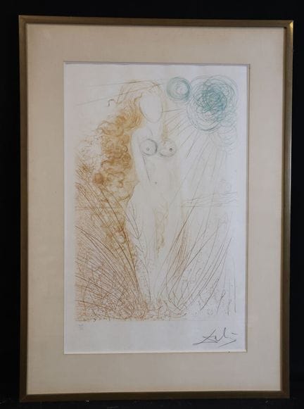 据萨尔瓦多·达利所作《站立的裸女》石版画，右下角签名，左下角编号XLVI/CL，65 x 41 厘米