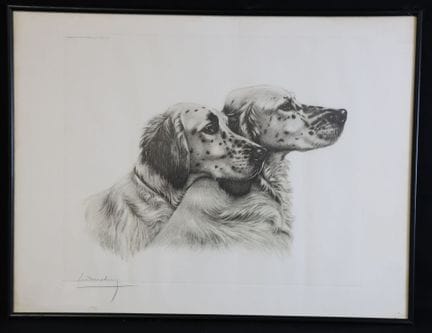 莱昂·丹尚（1887-1938）《两只英国塞特犬》 左下角署名的彩色石版画 49 x 65 厘米