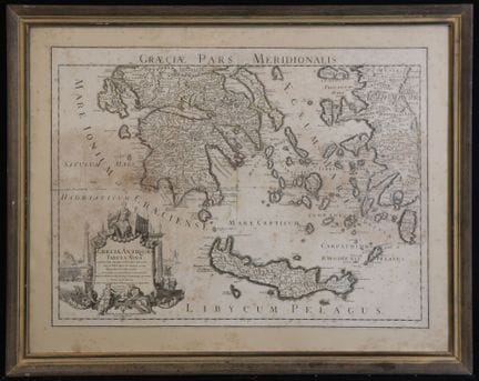 Mapa de Grecia. Grabado en negro del siglo XVIII, 