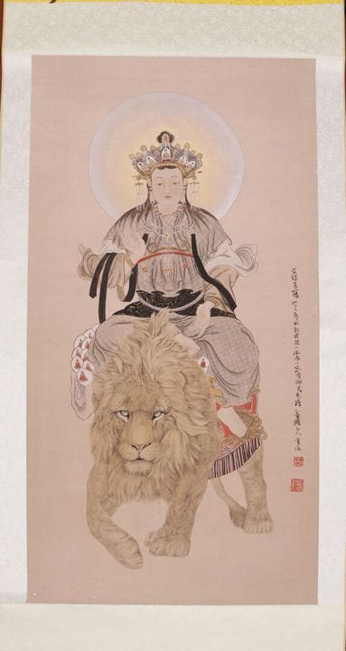 Il Bodhisattva Manjushri su un leone. Rotolo dipin