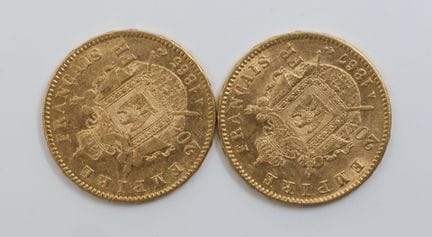Dos monedas de 20 francos de oro amarillo 900/00, 