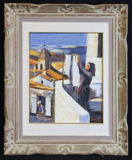 德米亚诺夫（20世纪）《屋顶上的衣物》 木板油画，右下角签名，50 x 40 厘米
