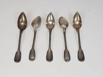 Five silver filet-style teaspoons, monogrammed "GM