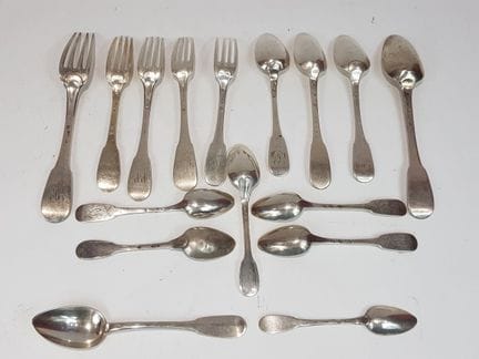 Set of five mismatched silver forks and eleven mis
