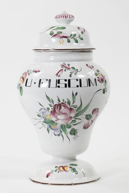 Vasetto per medicinali in terracotta con decorazio