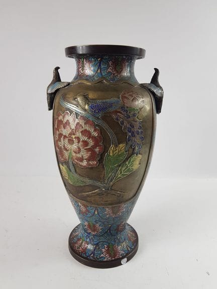 Grande vaso in bronzo e smalti a cloisonné con dec