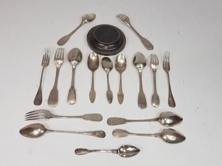 Assortment of six spoons, six forks, and four mism