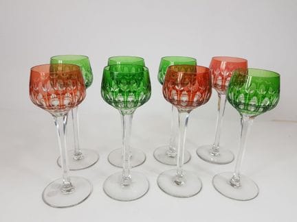 Set of eight colored cut-crystal Rhine wine glasse