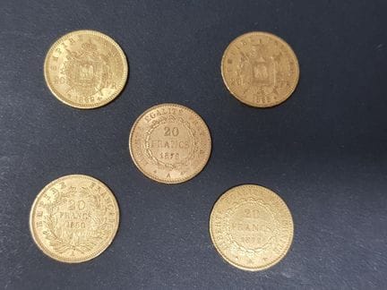 5 monete da 20 franchi d'oro degli anni 1877, 1860