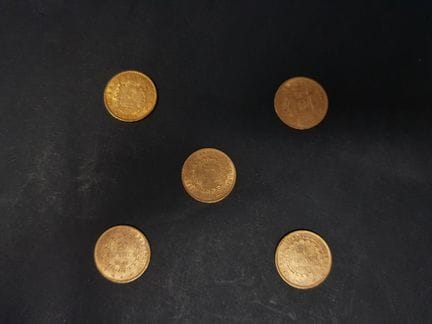 5 monete da 20 franchi d'oro del 1898, 1868, 1891,