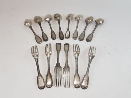 Eight spoons and six silver filet-style forks - Mi