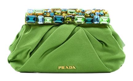 *PRADA 
Pochette in raso verde oliva, con chiusura
