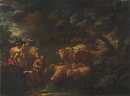 Bergers et troupeaux au bord d'une rivière
huile s
