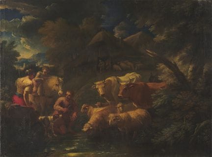 Hirten und Herden an einem Fluss
Öl auf Leinwand (