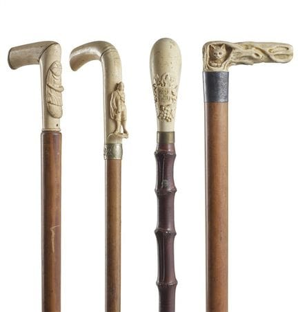 19th-century art. Four walking sticks with curved 