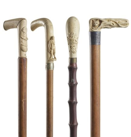 19th-century art. Four walking sticks with curved 