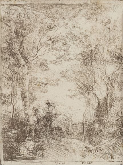 ** 本拍品包括让-巴蒂斯特·卡米耶·柯罗的两幅玻璃版画（《林间的小骑手》和《林间空地上的午餐》）以