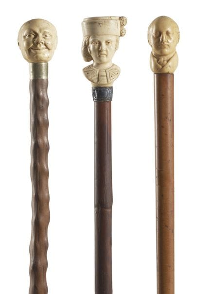19th-20th century art. Three walking sticks with w