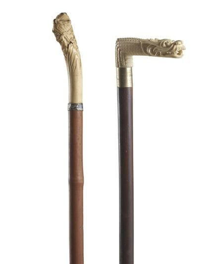 19th-century Oriental art. Two walking sticks with
