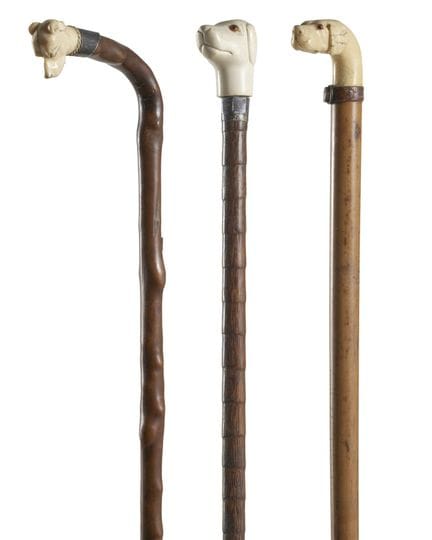 19th-century art. Three walking sticks with zoomor
