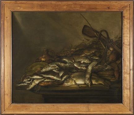Stillleben mit Fisch, Wild, Gewehr und Angelrute a
