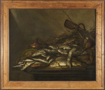 Natura morta con pesce, selvaggina, fucile e canna