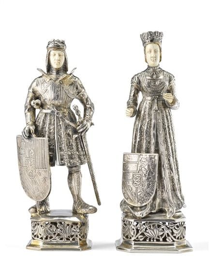 Ein Paar Skulpturen aus Silber und Elfenbein, die 