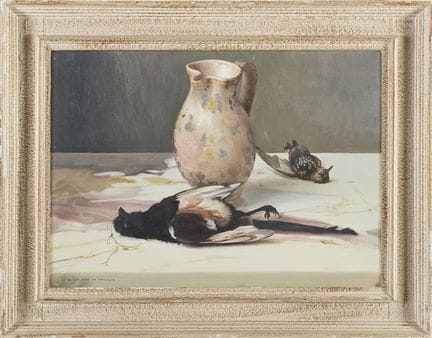 «Composición con jarrón pintado y caza sobre fondo