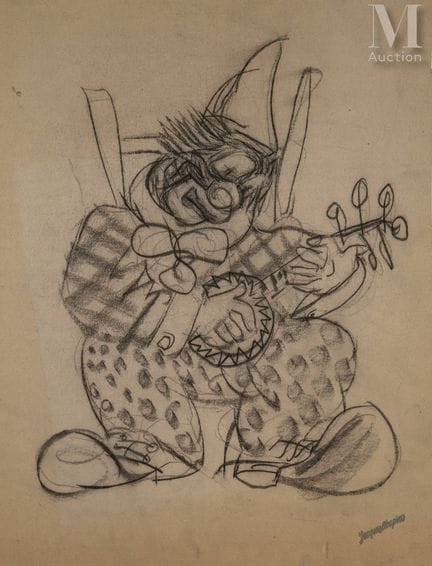 雅克·夏皮罗（杜内堡 1887年—巴黎 1972年）
弹班卓琴的小丑
炭笔画，绘于厚纸上
55 x 