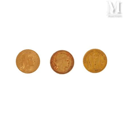Trois pièces 20 FF or
Lot de trois pièces de 20 fr