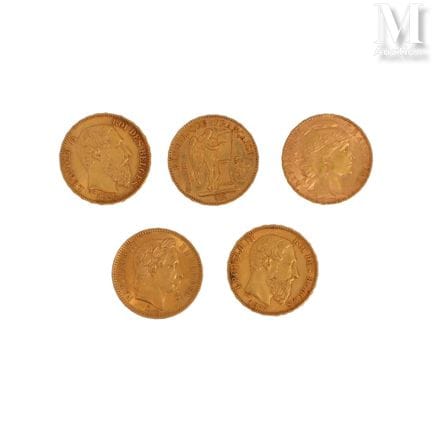 5 pièces 20F or
Lot de cinq pièces de 20 francs or