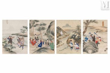 CHINE, XIXe siècle
Ensemble de quatre peintures
À 