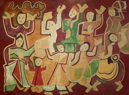 VIETNAM, XXe siècle
"Les danseuses"
Panneau en laq