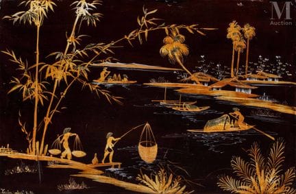 VIETNAM, XXe siècle
Pécheurs
Panneau en bois laqué