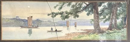 JAPON, XXe siècle
Aquarelle sur papier
"Vue lacust