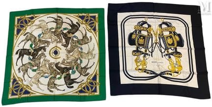 HERMÈS PARIS
Two 90-cm printed silk scarves: 
- “B