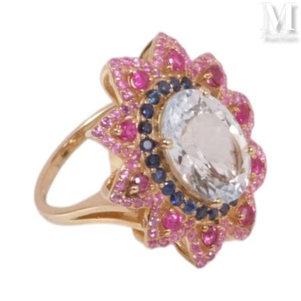 Silver and vermeil (925°/°°) ring featuring an aqu