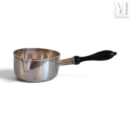 Silver saucepan, Minerva hallmark. Blackened woode