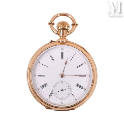 Men's gold pocket watch with a white enamel dial. 