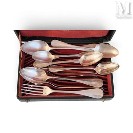 Box containing silver spoons and forks, Minerva ha