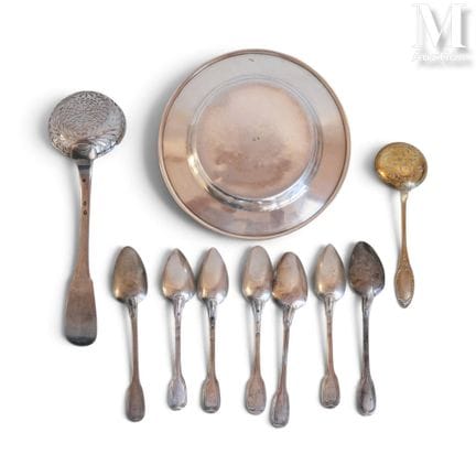 A five-piece silver set, Minerva hallmark: one flu