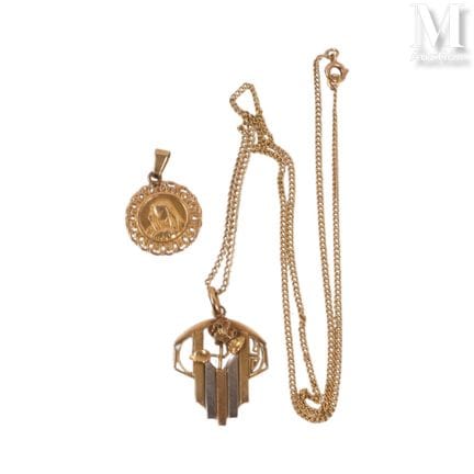 Art Deco gold medallion with a floral design, acco