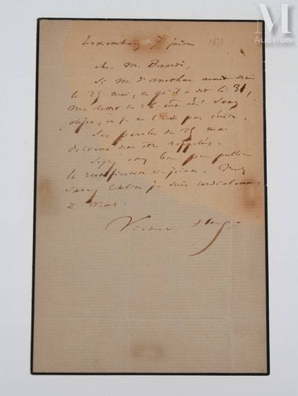 HUGO (Victor).
L.A.S. „Victor Hugo“, Luxemburg, 7.
